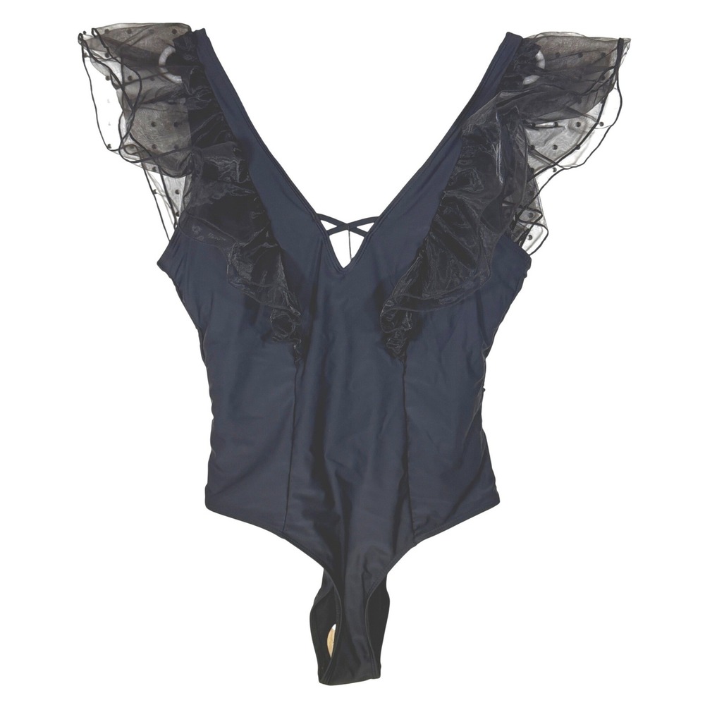 NEW Sporlike One Piece Swimsuit Women XL Black Ruffle Tulle V-Neck Low Back